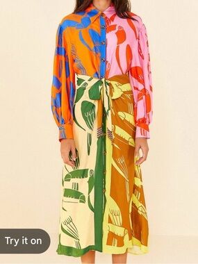 Farm Rio beach Rainbow Toucan Multicolor Button-Front Tie-Waist Midi Dress XS